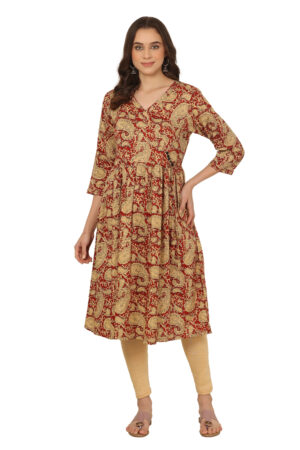 Maroon & Beige Paisley Print Premium Cotton Angarkha Kurti