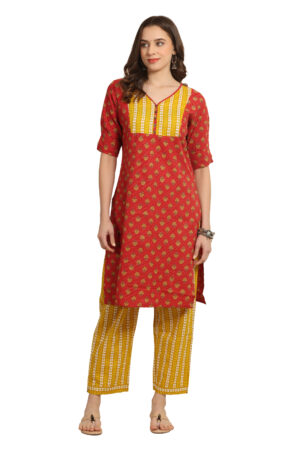 Rust Red Floral Straight Kurti with Geometric Ochre Yellow Pant with Pocket Set