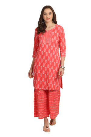 Coral Stripe Print Sharara w Lace Work paired with Coral Abstract Floral Print Kurta with Beautiful Laced Yoke