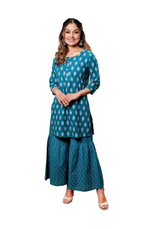 Deep Seagreen Zigzag Pattern Sharara with Pockets and Floral Short Kurta with Allover Gold Foil Print