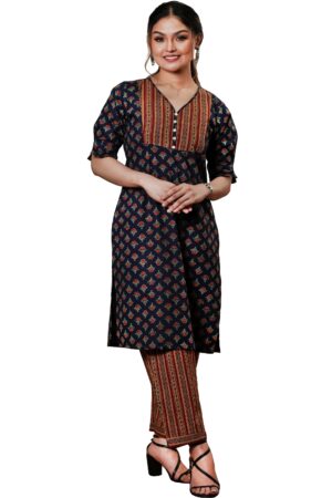 Peacock Blue Floral Straight Kurti with Geometric Mutli Colour Pant with Pocket Set