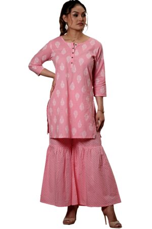 Bright Pink Geometric Pattern Sharara with Pockets and Abstract Print Kurta with U Neck n Button Strip