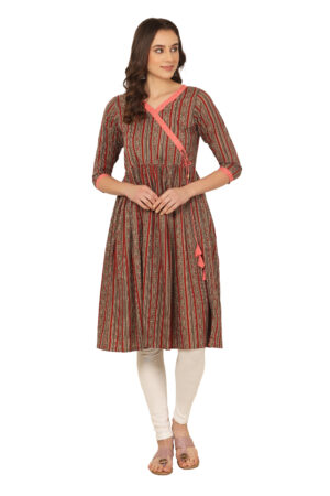 Premium Cotton Angarkha Kurti in Shades of Red & Brown with Horizontal  Geometric Print