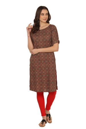 Ikkat Print Brown n Maroon Classic Straight Kurti with keyhole neckline & Inbox Pleated Sleeves