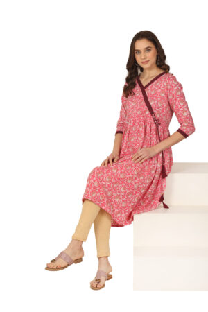 Pink Floral Jaal Print Premium Cotton Angarkha Kurti