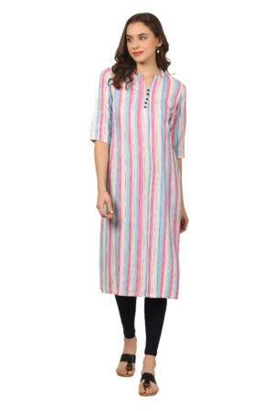 Pink & Blue Stripes Mandarin Collor Straight Kurti