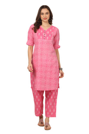 Bright Pink Abstract Print Textured Katha Cotton Straight Kurti Pant with Pocket Set