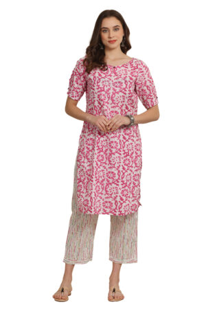 Pink Abstract Cotton Straight Kurta with Boatneck & Keyhole neckline and Geometric Printed Straight Pant with Pocket