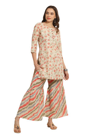 Beige n Orange Lehriya sharara with pockets & floral short kurta with silver threadwork all over