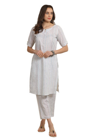 White Minimalist Co-ord Style Abstract Cotton Straight Kurta with Boatneck & Keyhole neckline and Straight Pant with Pocket