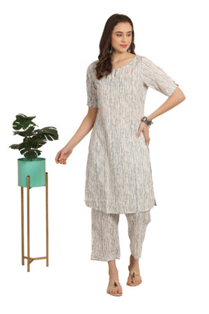 Multi-coloured Minimalist Co-ord Style Abstract Cotton Straight Kurta with Boatneck & Keyhole neckline and Straight Pant with Pocket