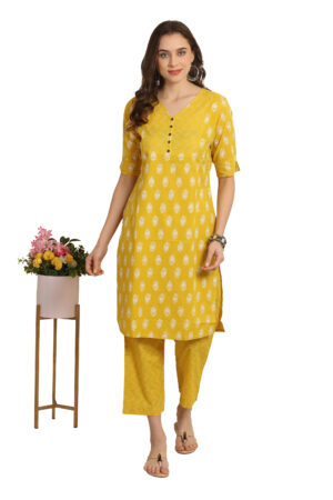 Musturd Yellow Floral and Geometric Straight Kurti Pant Set