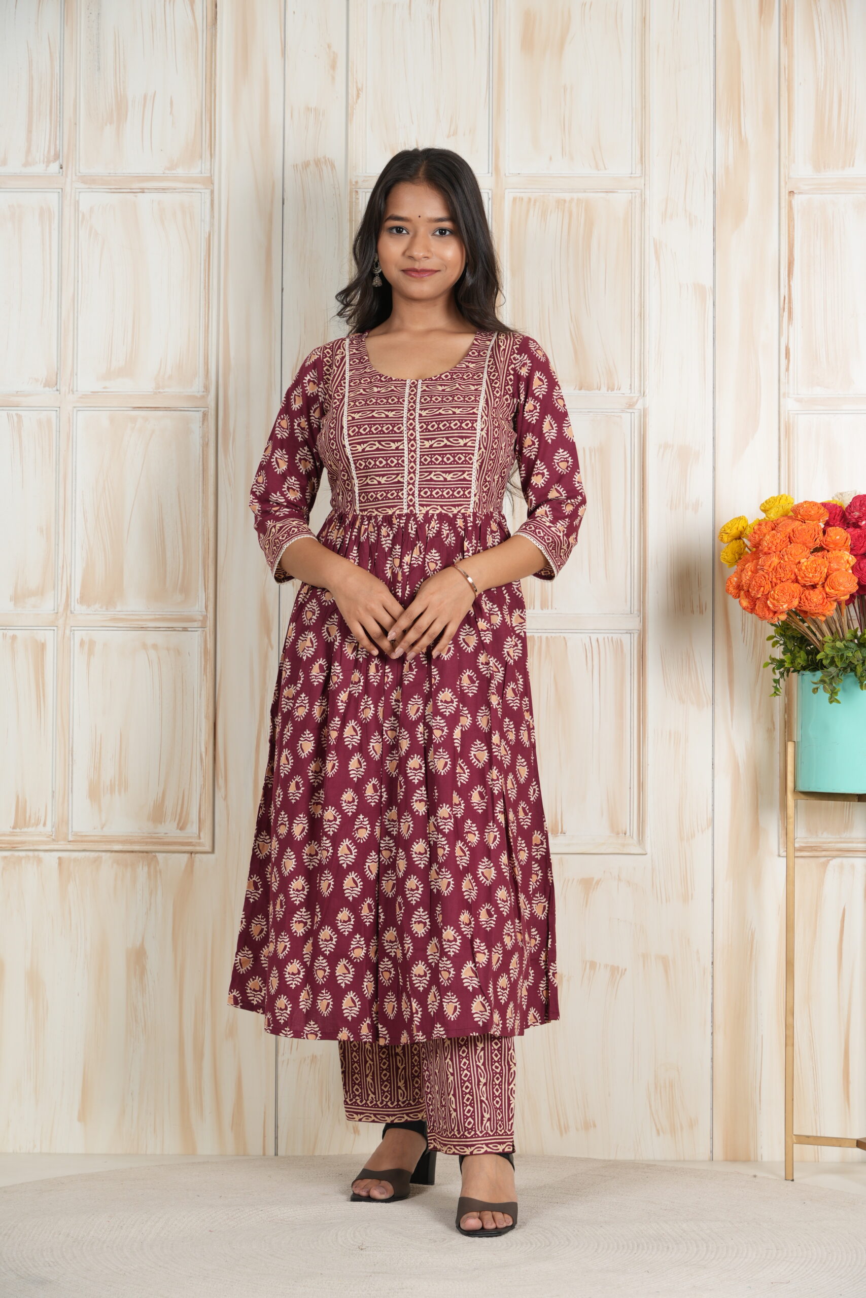 <b>Zen</b><br/>Maroon Cotton Frock Style Kurti Pant Set - Image 2