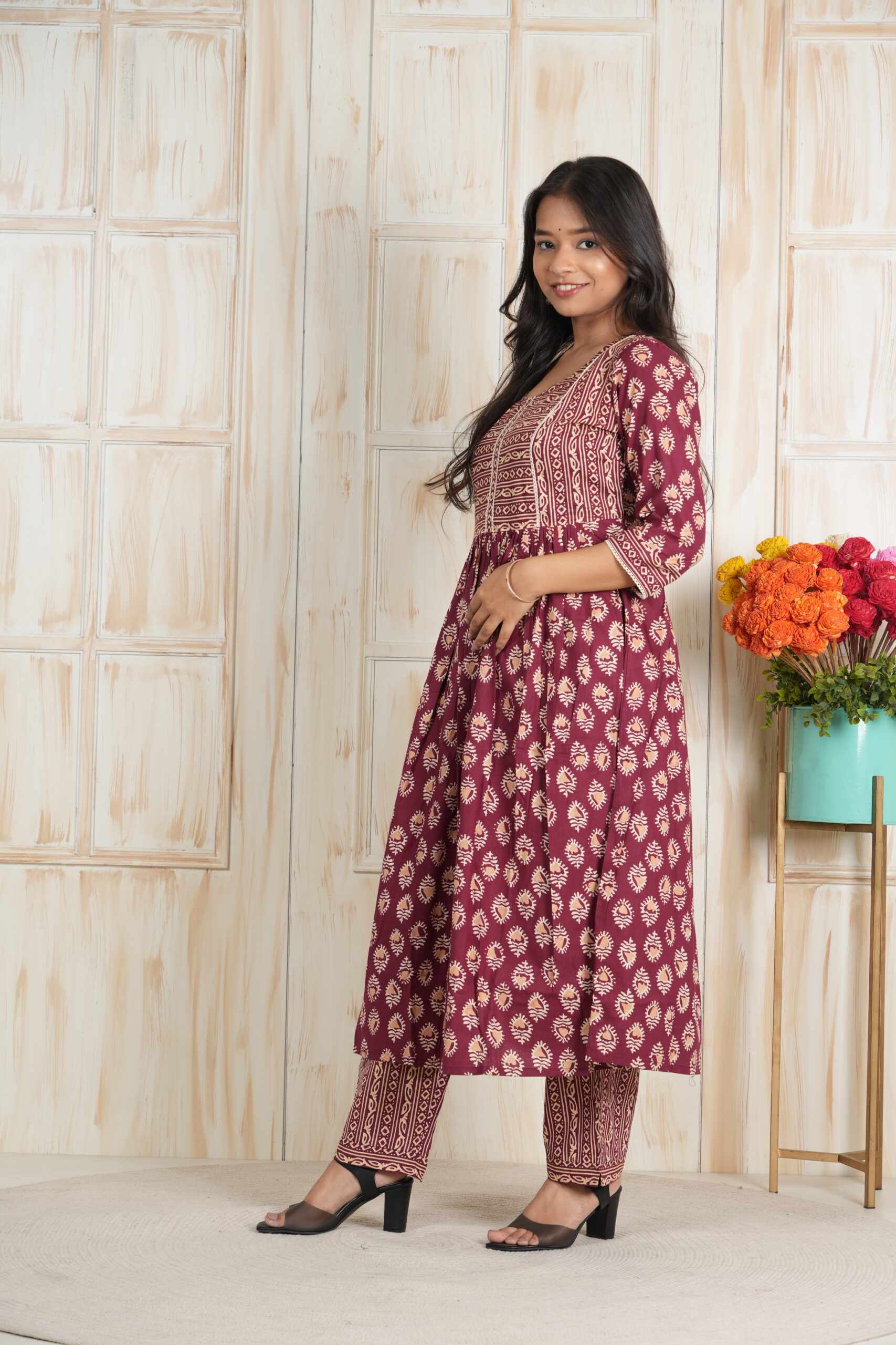 <b>Zen</b><br/>Maroon Cotton Frock Style Kurti Pant Set - Image 5