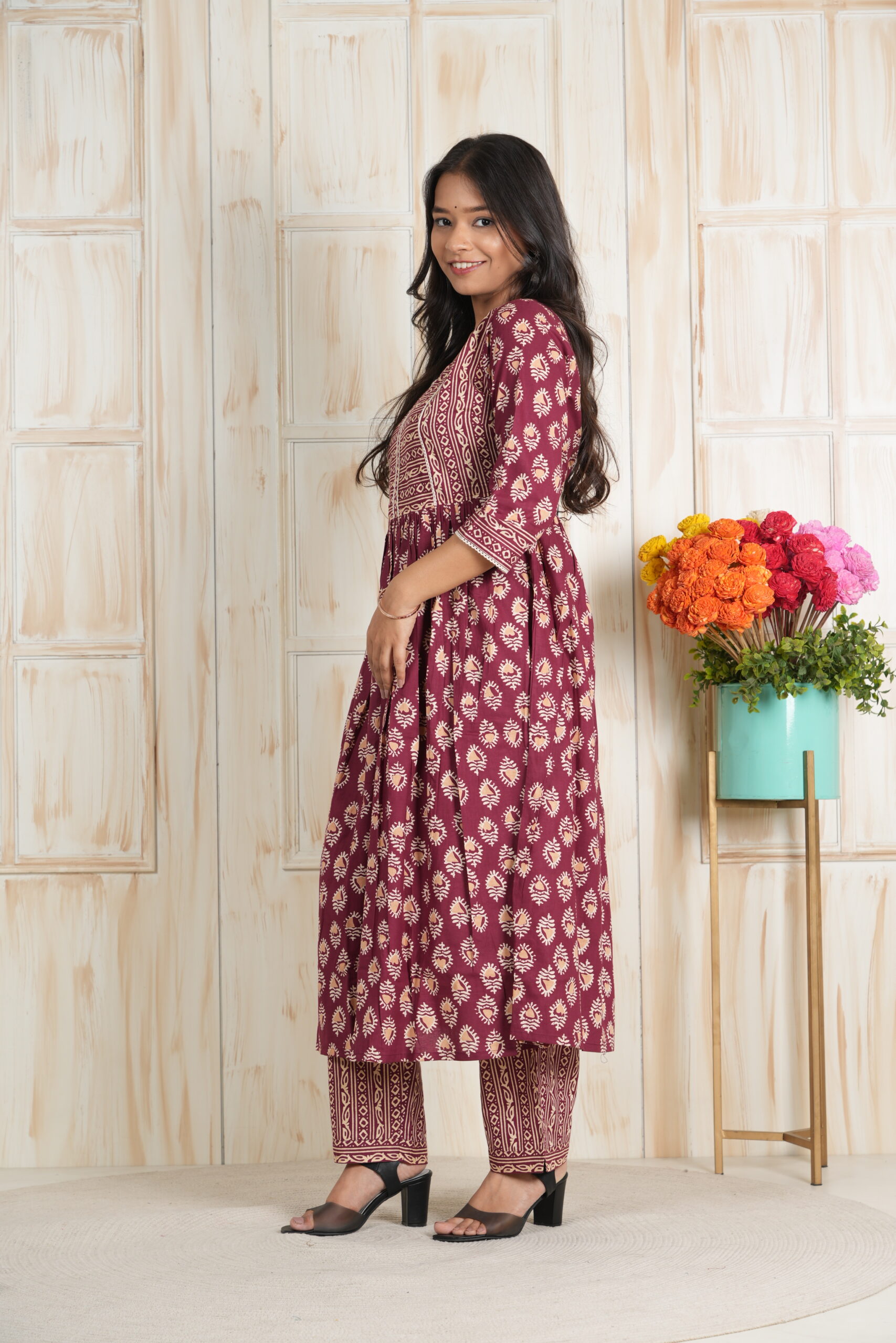 <b>Zen</b><br/>Maroon Cotton Frock Style Kurti Pant Set - Image 4