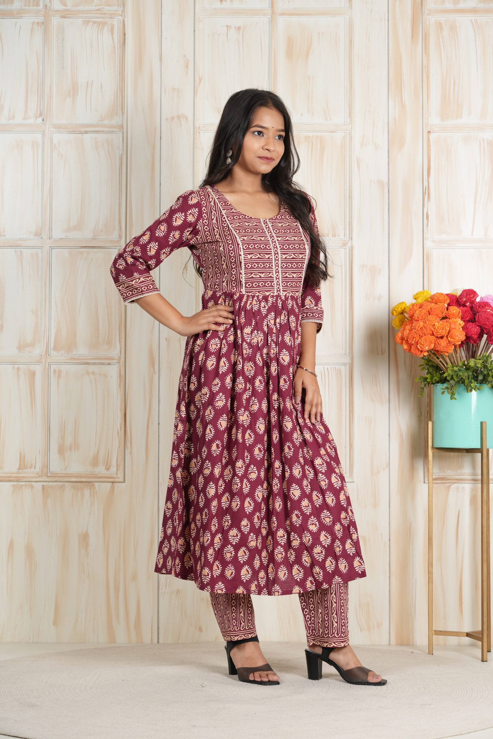 <b>Zen</b><br/>Maroon Cotton Frock Style Kurti Pant Set - Image 3
