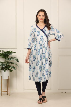 <b>Angarkha</b><br/>White and Blue Rayon Kurti