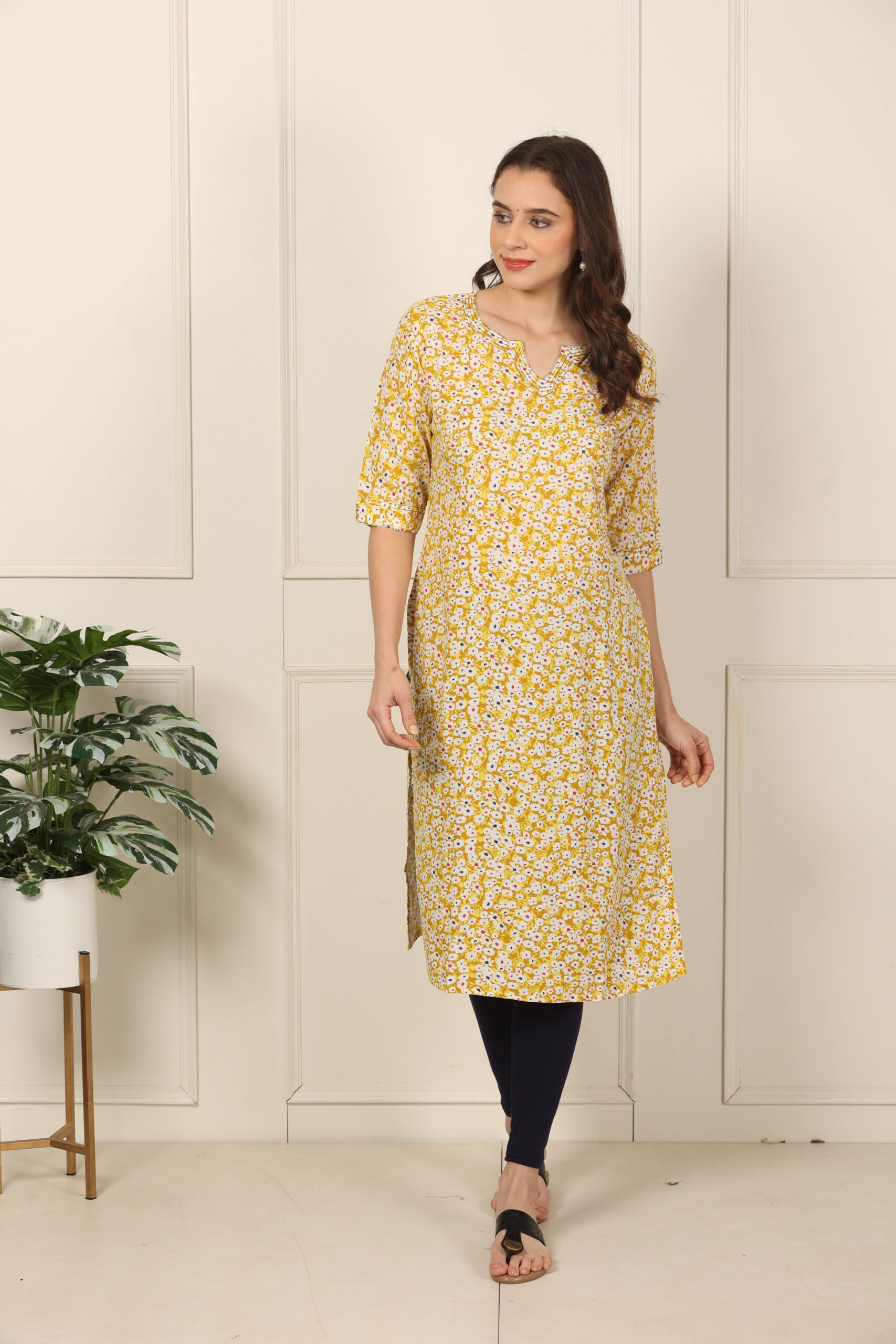 <b>Emma</b><br/>Mustard Rayon Floral Kurti