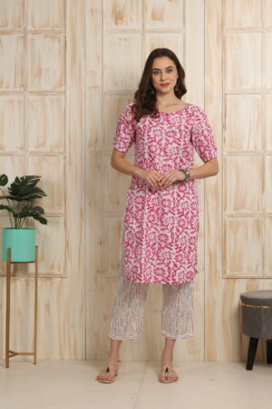 <b>Perry</b><br/>Pink and White Cotton Straight Kurti Pant Set