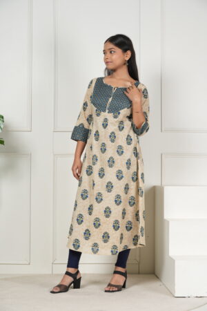 <b>Rina</b><br/>Beige Round Yoke Cotton Kurti