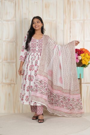 <b>Alpenlibe</b><br/>White and Pink Cotton Kurti Pant Set with Dupatta