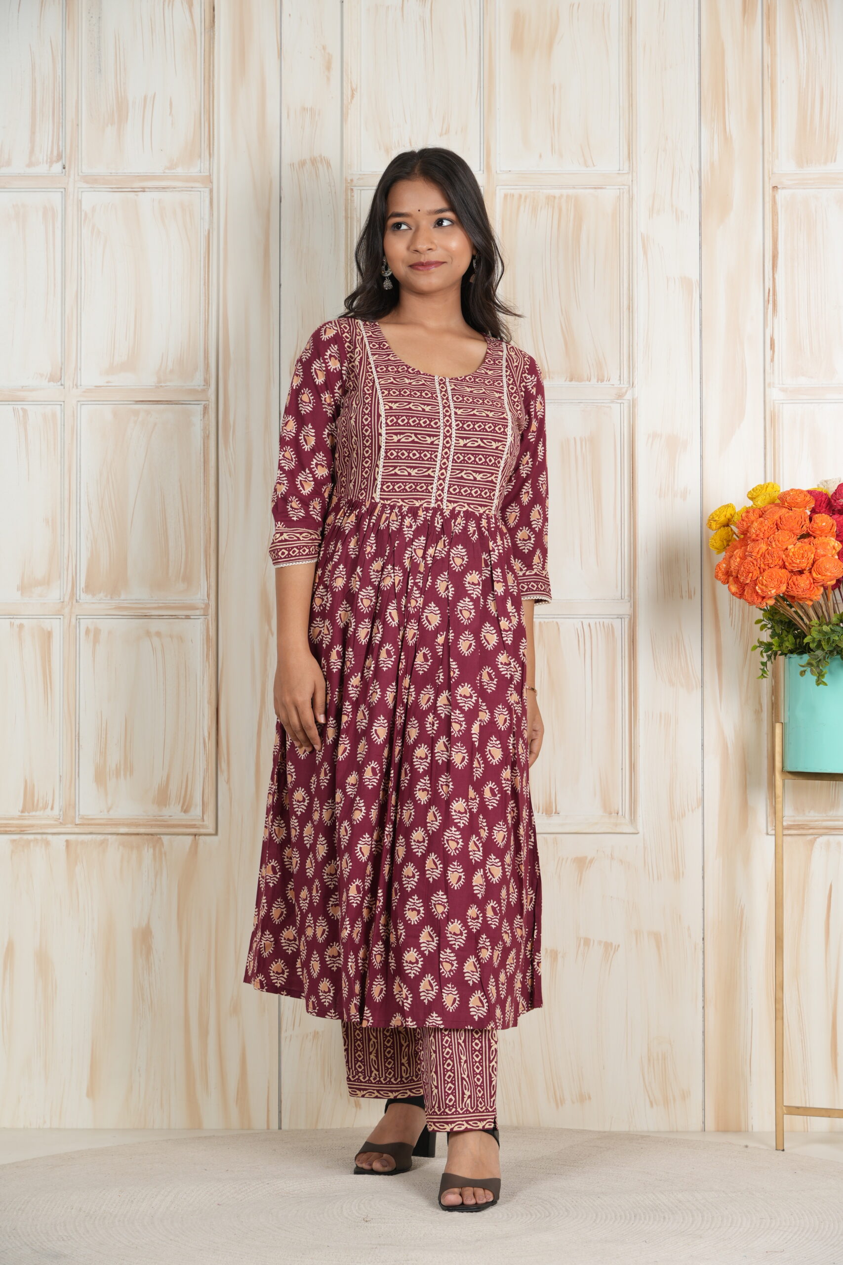 <b>Zen</b><br/>Maroon Cotton Frock Style Kurti Pant Set