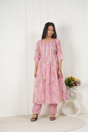 <b>Pocozen</b><br/>Pink Floral Cotton Frock Style Kurti Pant Set