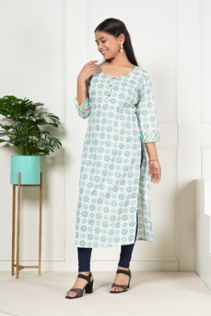 <b>Arlo</b><br/>White and Turquoise Straight Cotton Kurti