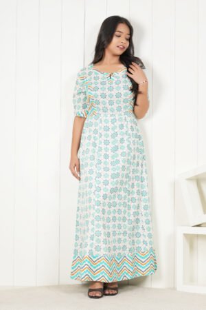 <b>Aster</b><br/>White and Turquoise Flared Cotton Dress