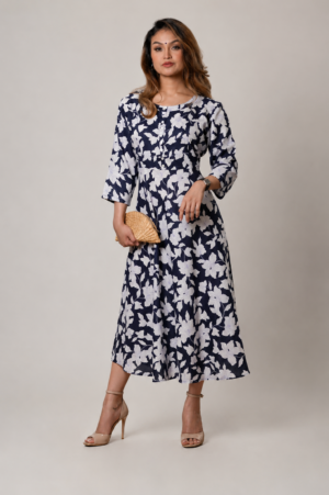 Navy Blue Floral Printed Flared Dress