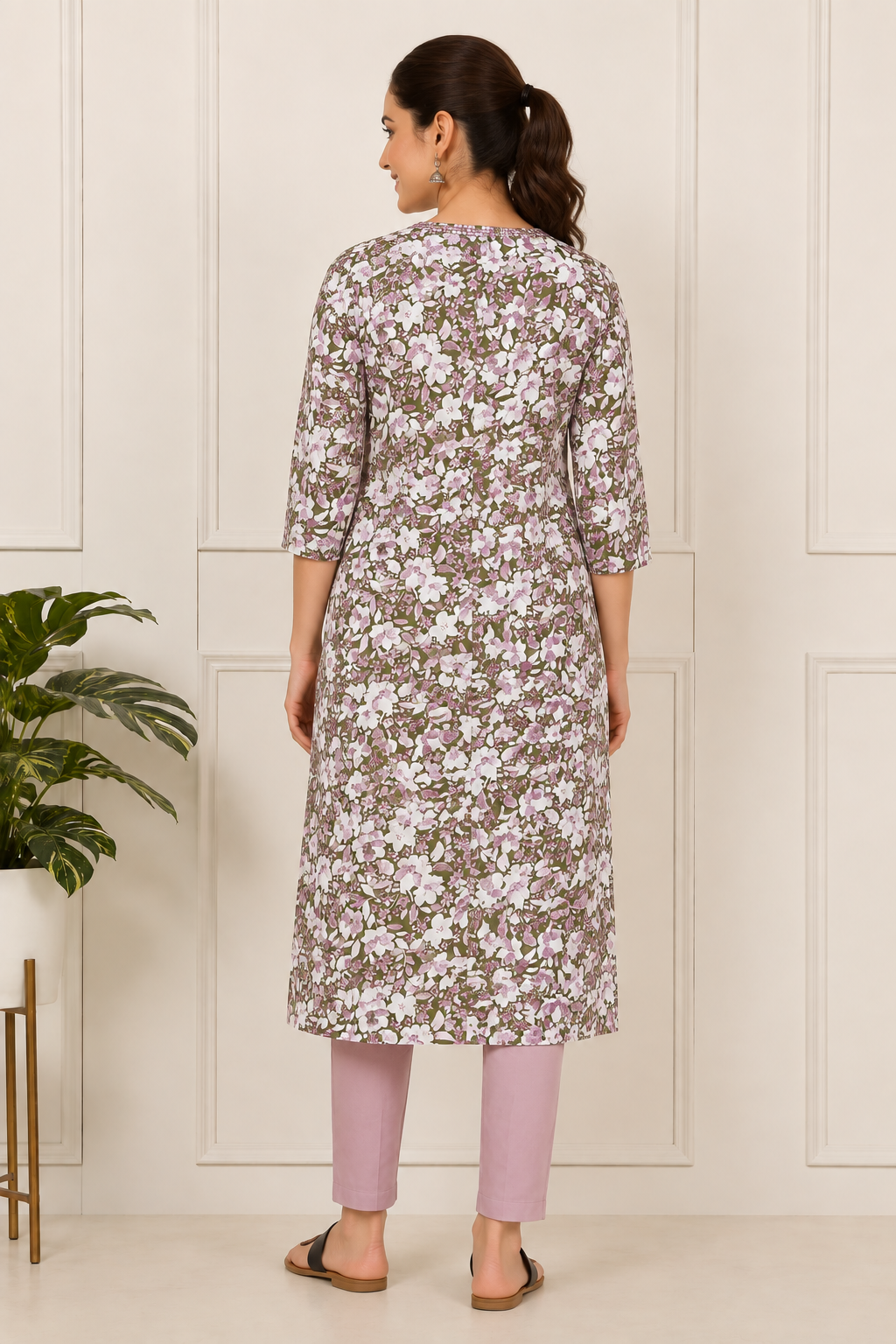 <b>Emma</b><br/>Olive Green Floral Printed Straight Rayon Kurti - Image 5