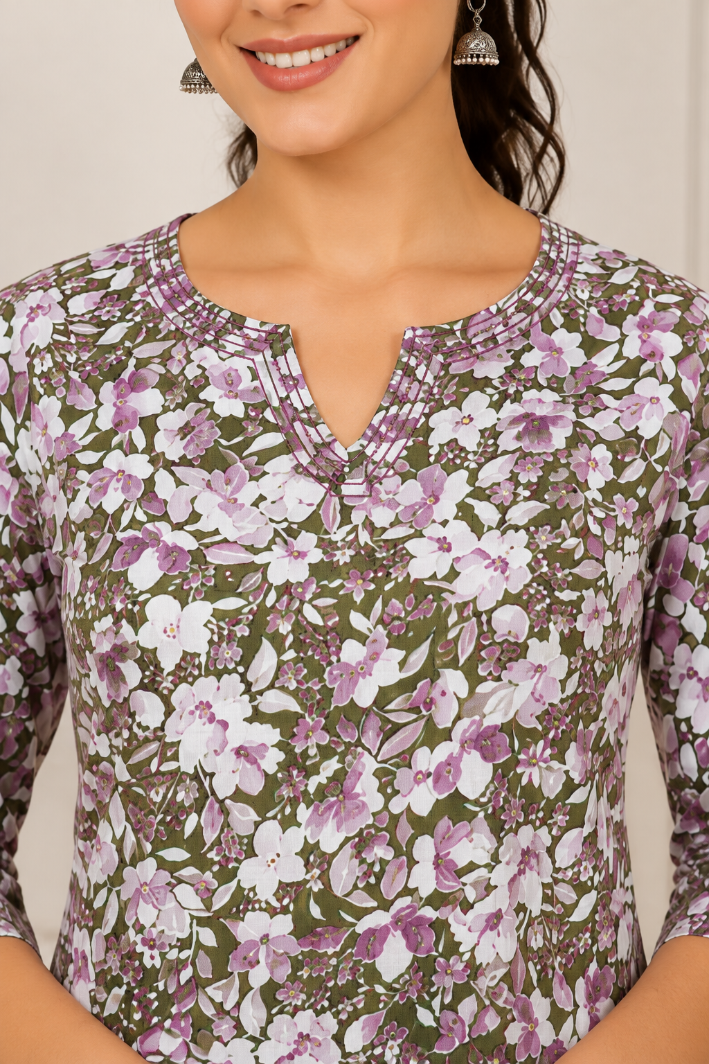 <b>Emma</b><br/>Olive Green Floral Printed Straight Rayon Kurti - Image 3