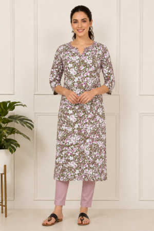 <b>Emma</b><br/>Olive Green Floral Printed Straight Rayon Kurti