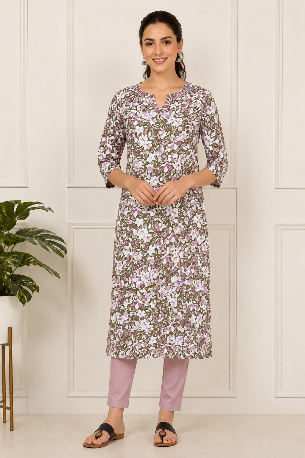 <b>Emma</b><br/>Olive Green Floral Printed Straight Rayon Kurti