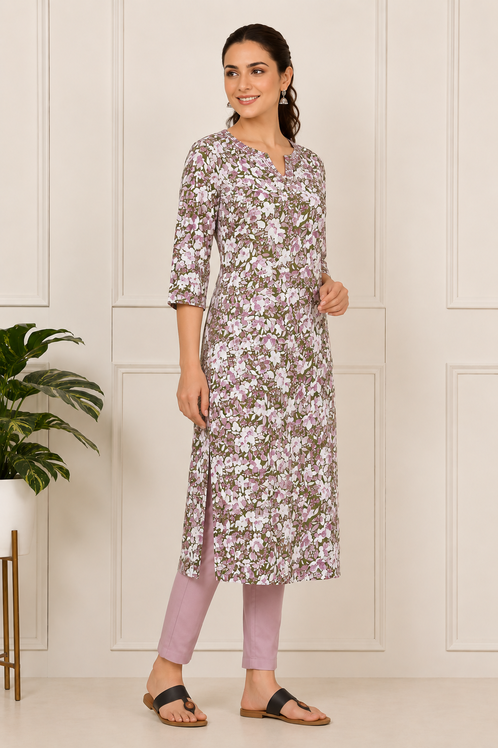 <b>Emma</b><br/>Olive Green Floral Printed Straight Rayon Kurti - Image 2