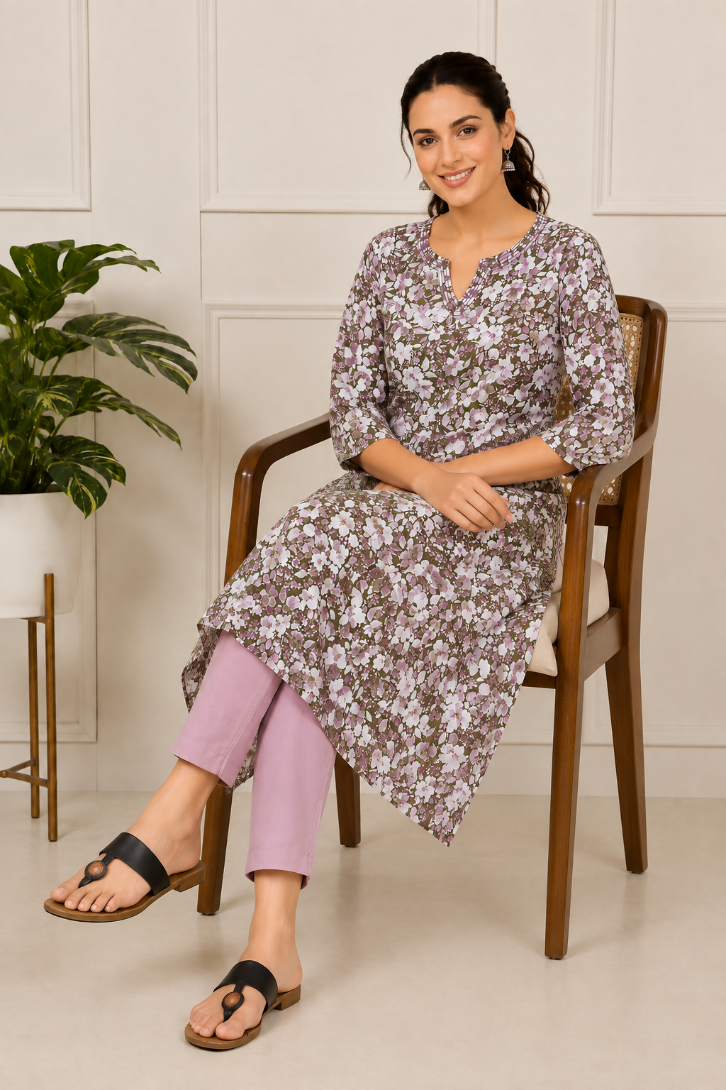 <b>Emma</b><br/>Olive Green Floral Printed Straight Rayon Kurti - Image 4