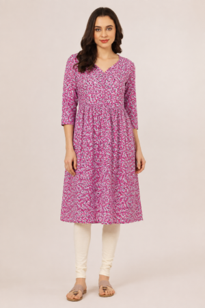 <b>Naira</b><br/>Pink and White Floral Rayon Kurti