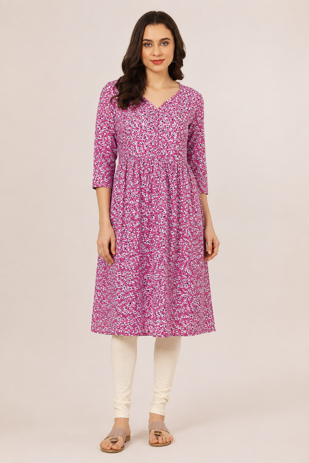 <b>Naira</b><br/>Pink and White Floral Rayon Kurti