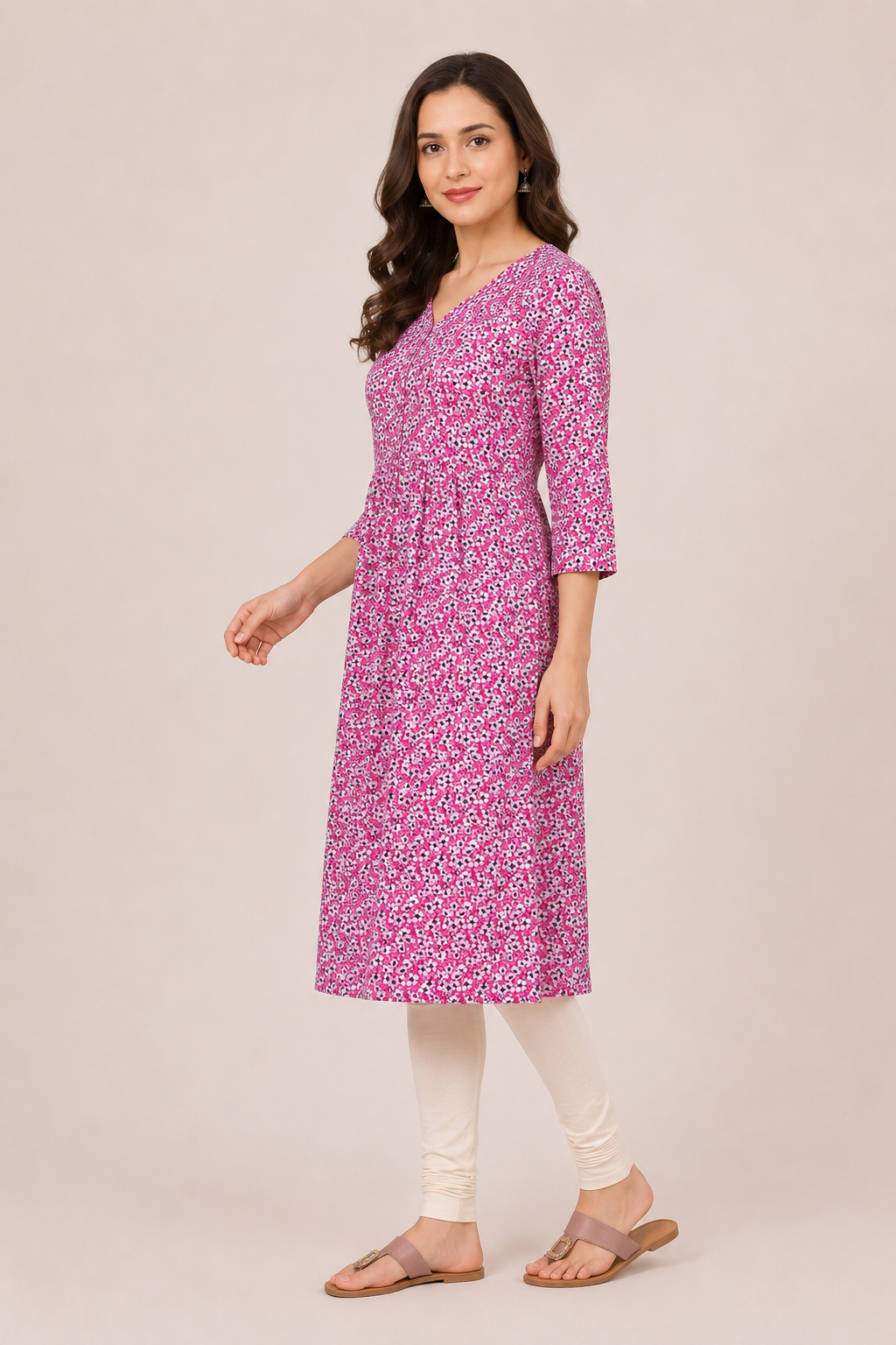 <b>Naira</b><br/>Pink and White Floral Rayon Kurti - Image 2