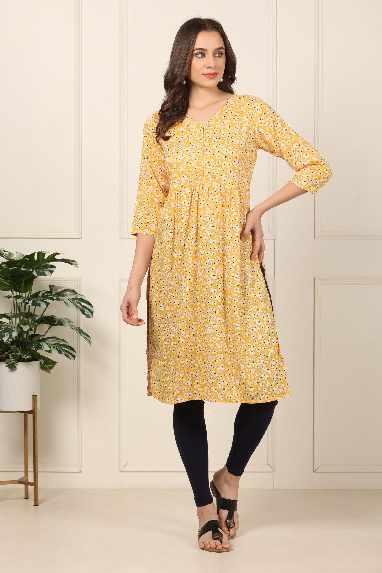 <b>Naira</b><br/>Yellow Floral Rayon Kurti - Image 3