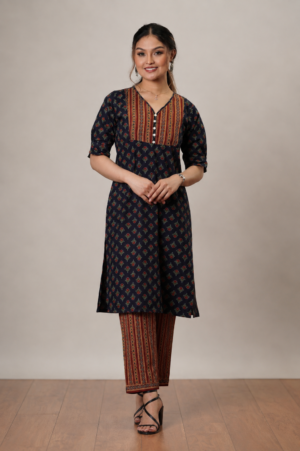 <b>Grace</b><br/>Peacock Blue & Maroon Printed Cotton Kurti Pants Set