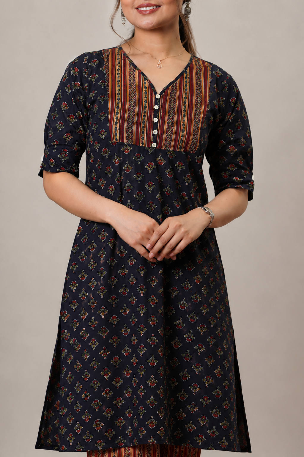 <b>Grace</b><br/>Peacock Blue & Maroon Printed Cotton Kurti Pants Set - Image 5