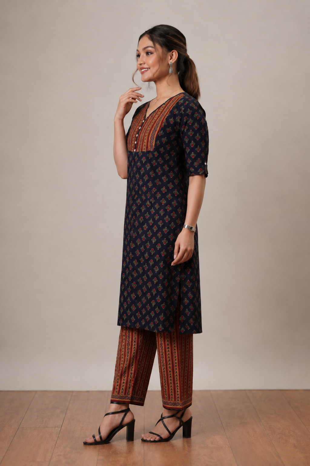 <b>Grace</b><br/>Peacock Blue & Maroon Printed Cotton Kurti Pants Set - Image 2