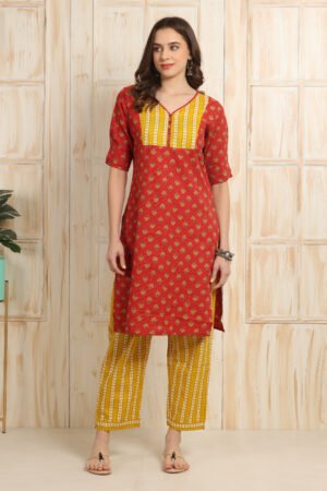 <b>Grace</b><br/>Red Mustard Cotton Straight Kurti Pant Set