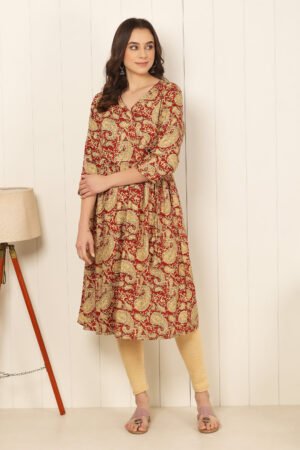 <b>Angarkha</b><br/>Maroon Paisley Print Cotton Frock Kurti