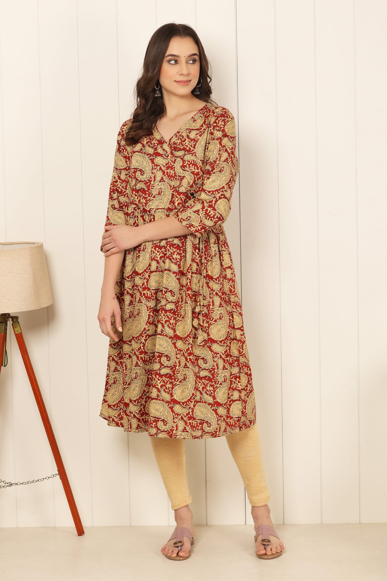 <b>Angarkha</b><br/>Maroon Paisley Print Cotton Frock Kurti
