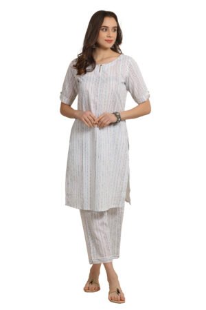 <b>Perry</b><br/>White & Gold Cotton Co-Ord Kurti Pants Set