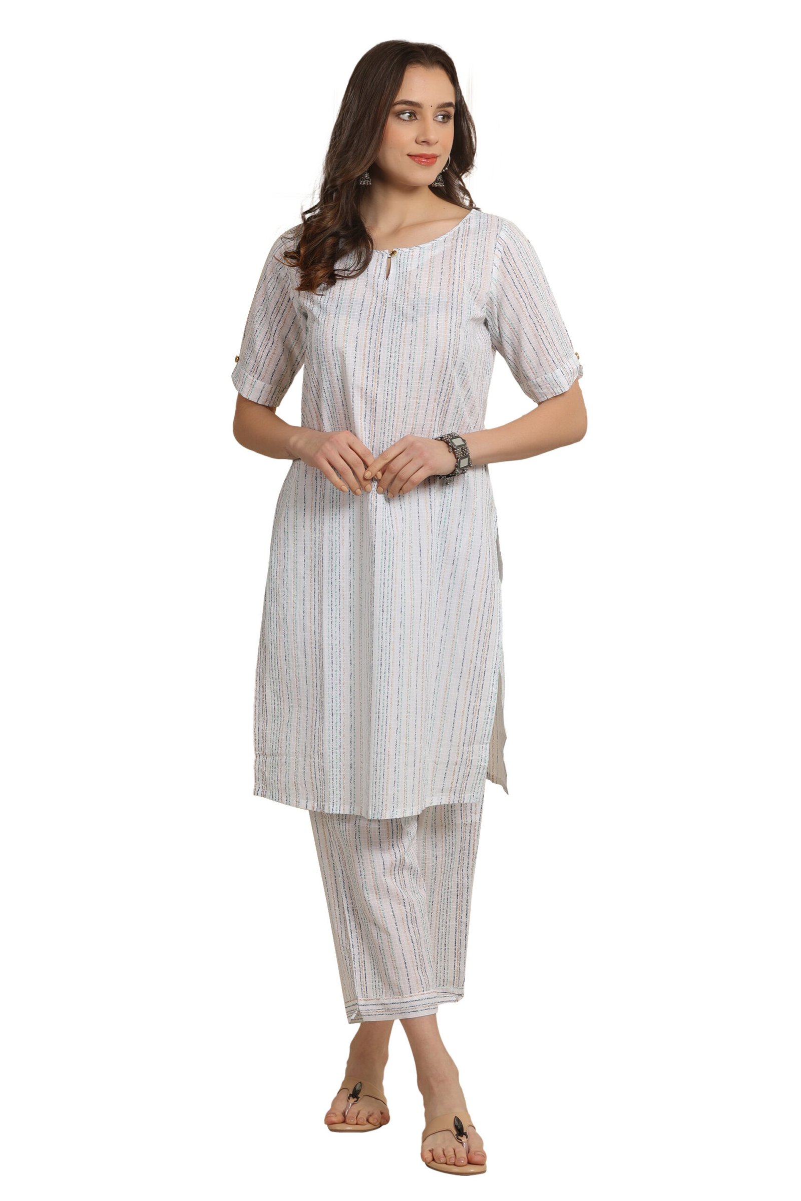 <b>Perry</b><br/>White & Gold Cotton Co-Ord Kurti Pants Set