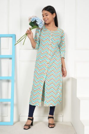 <b>Jade</b><br/>Aqua Turquoise Chevron Print Straight Cotton Kurti