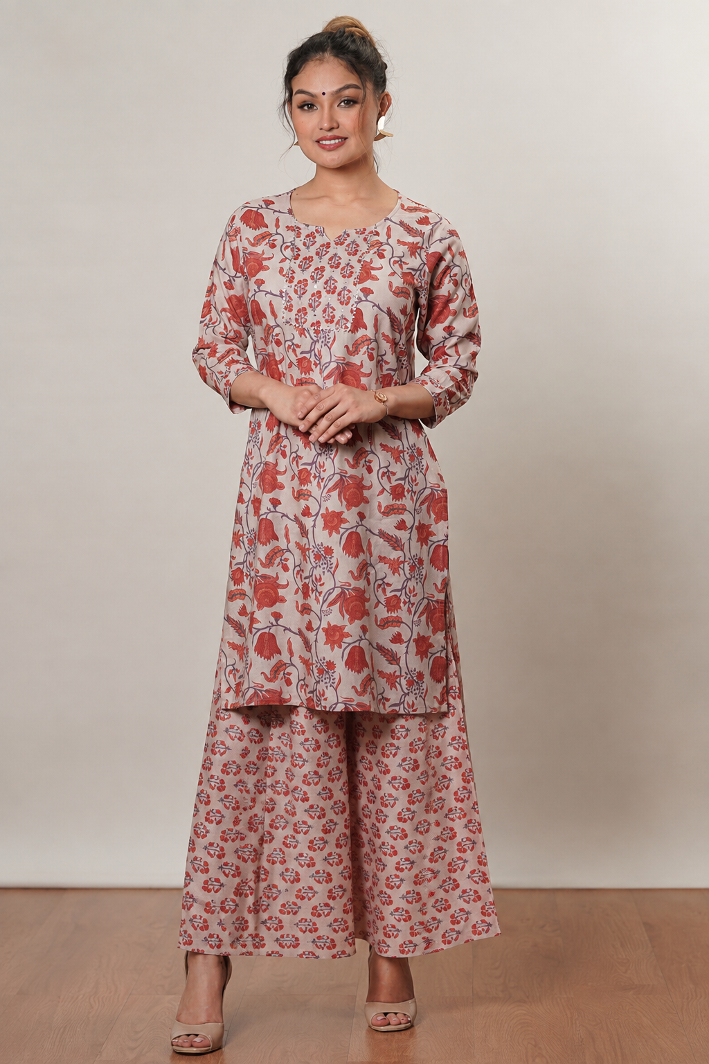 <b>Ruby</b></br>Rust & Beige Rayon Sharara Kurti Set